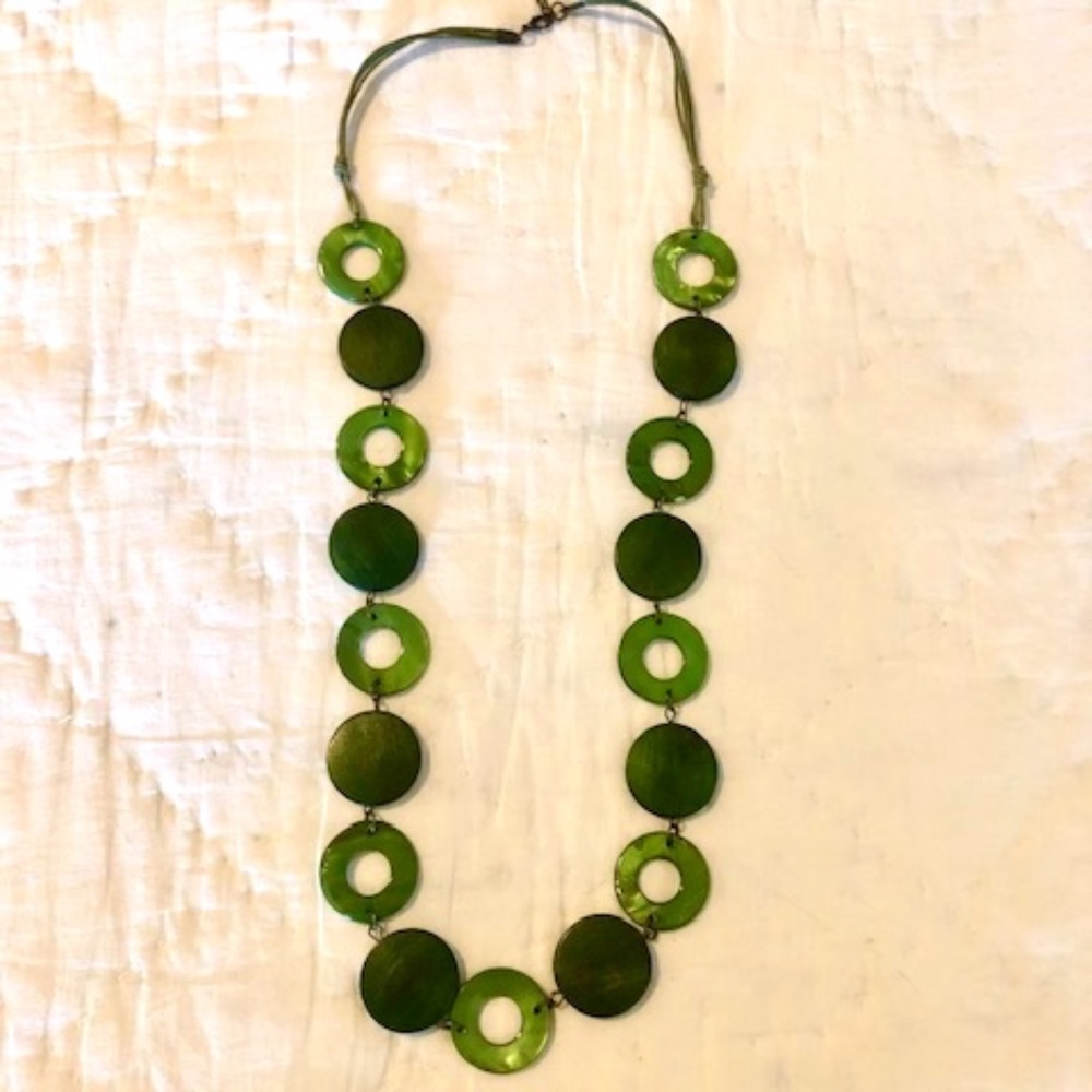 Wood and Resin Circle Statement Necklace, Olive Green, 33 inches